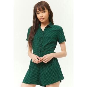 Forever 21 Houndstooth Button Down Shirt Romper Size Small Green Black Academia